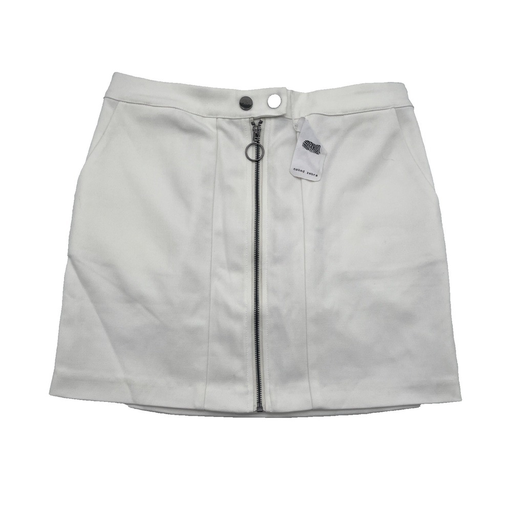 Naked Zebra White‎ Mini Skirt Women's Size M Zip Front Elastic Waist New